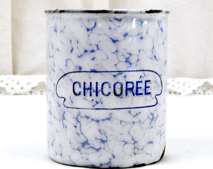 2 Antique French Chippy White and Blue Marbled Enamel Coffee and Chicoree Canisters, French Country Kitchen Enamelware Decor, Desk Tidy