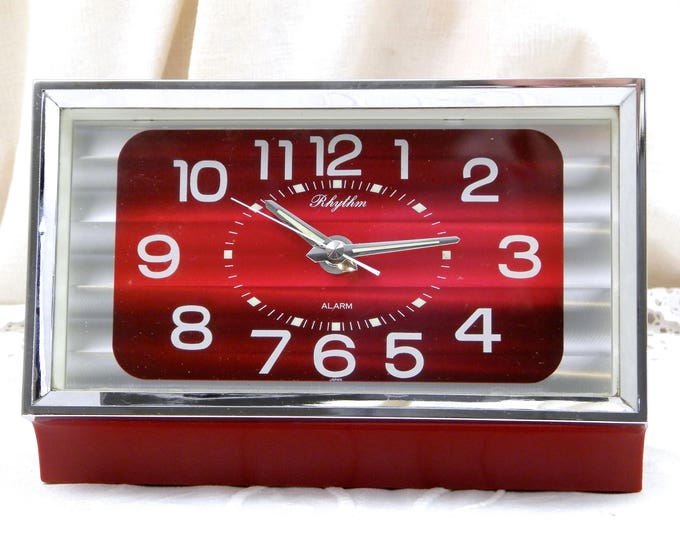 Vintage Working Mid Century 1960s Chrome and Red Metallic Mechanical Rhythm Wind Up Alarm Clock Made in Japan, Japanese Rectangular Clock