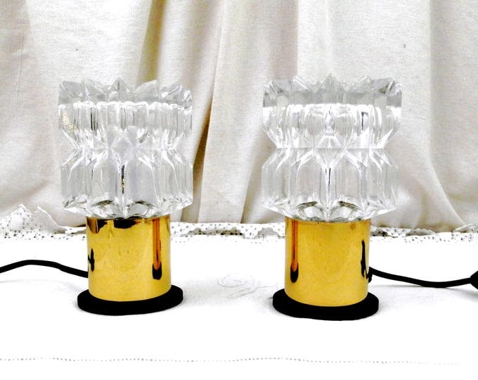 Vintage Pair of Mid Century Modern Thick Glass and Yellow Anodized Metal Base Table Lamps, 2 Retro 60s French Lighting, Duo 1970s Lights