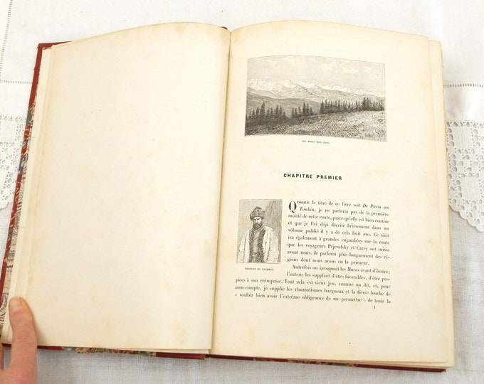 Rare Antique Book in Red Leather and Marbled Paper By Gabriel Bonvalot "De Paris au Tonkin a Travers Le Tibet Inconnu" 1892 Explorer Map
