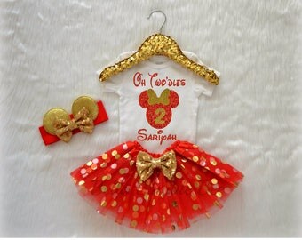 Girl Oh Twodles Disney Minnie Mouse, Red and Gold Custom Name, Second Birthday Tutu Headband Set, Short and Long Sleeve Bodysuit Tshirt 344