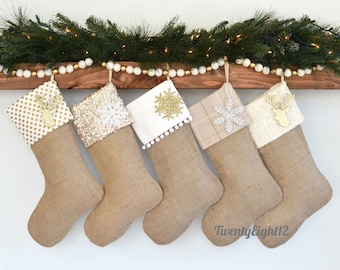Family Christmas Stocking - Set of 5 - Christmas Stockings, Stockings, Burlap Stockings, Neutral Stockings