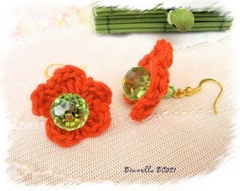 Knit orange and Green Flower Earrings * Brunella BO321 *.