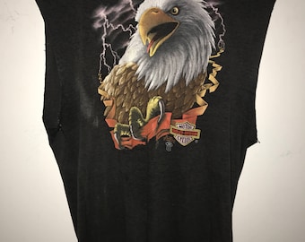 Vintage 80's Harley Davidson 3D Emblem American Eagle Cut Off Sleeve Shirt - Medium