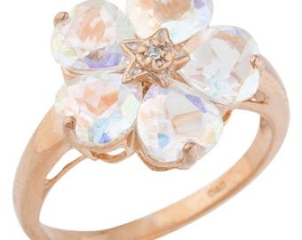 14Kt Rose Gold Plated 5 Hearts Natural Mercury Mist Mystic Topaz & Diamond Heart Flower Design Ring