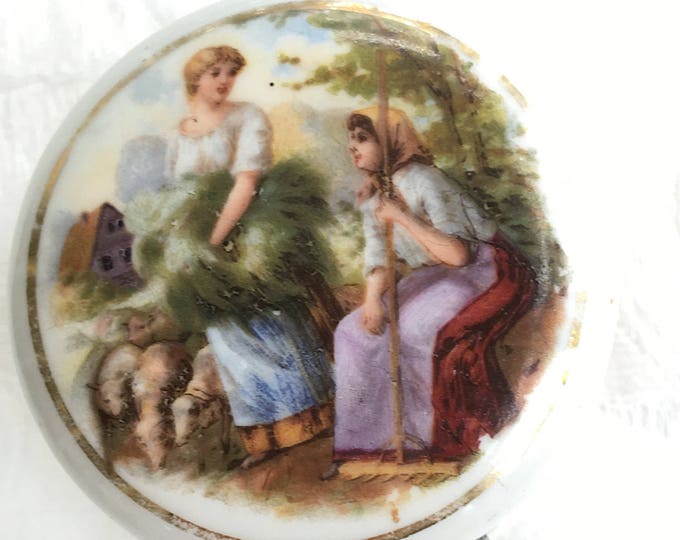 French Country Trinket Box, Pastural Scene, Ladies Tending Sheep, Limoges Style Pill Box
