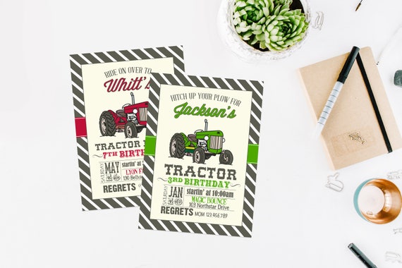 Red/Green Tractor Bash Birthday Invitation - Stripes - Vintage Tractor - Digital Invitation Il_570xn