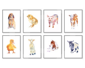 Farm Animal Nursery Prints Nursery Decor Watercolor Painting Bunny Chick Pig Goat Cow Duckling Lamb Horse Goat Set of 8