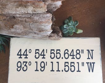 GPS coordinates // longitude latitude sign/ reclaimed wood art / wedding gift /unique home decor