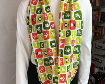 Christmas Theme Cotton Knit Infinity Scarf, Circle Scarf, Loop Scarf, long Scarf
