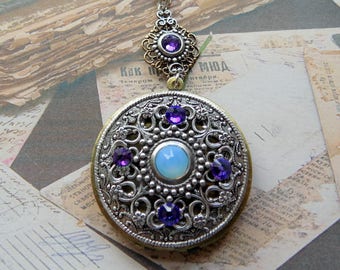 Victorian Locket, Vintage Style Locket, Photo Locket, Picture Locket, Silver and Brass Necklace Locket, Swarovski Crystal Necklace