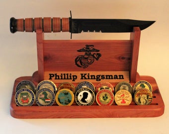 Personalized Marine Corps Ka Bar Knife Stand With Challenge Coin Display Made Of Solid Wood With EGA - Keepsake USMC Gift - Dual Display