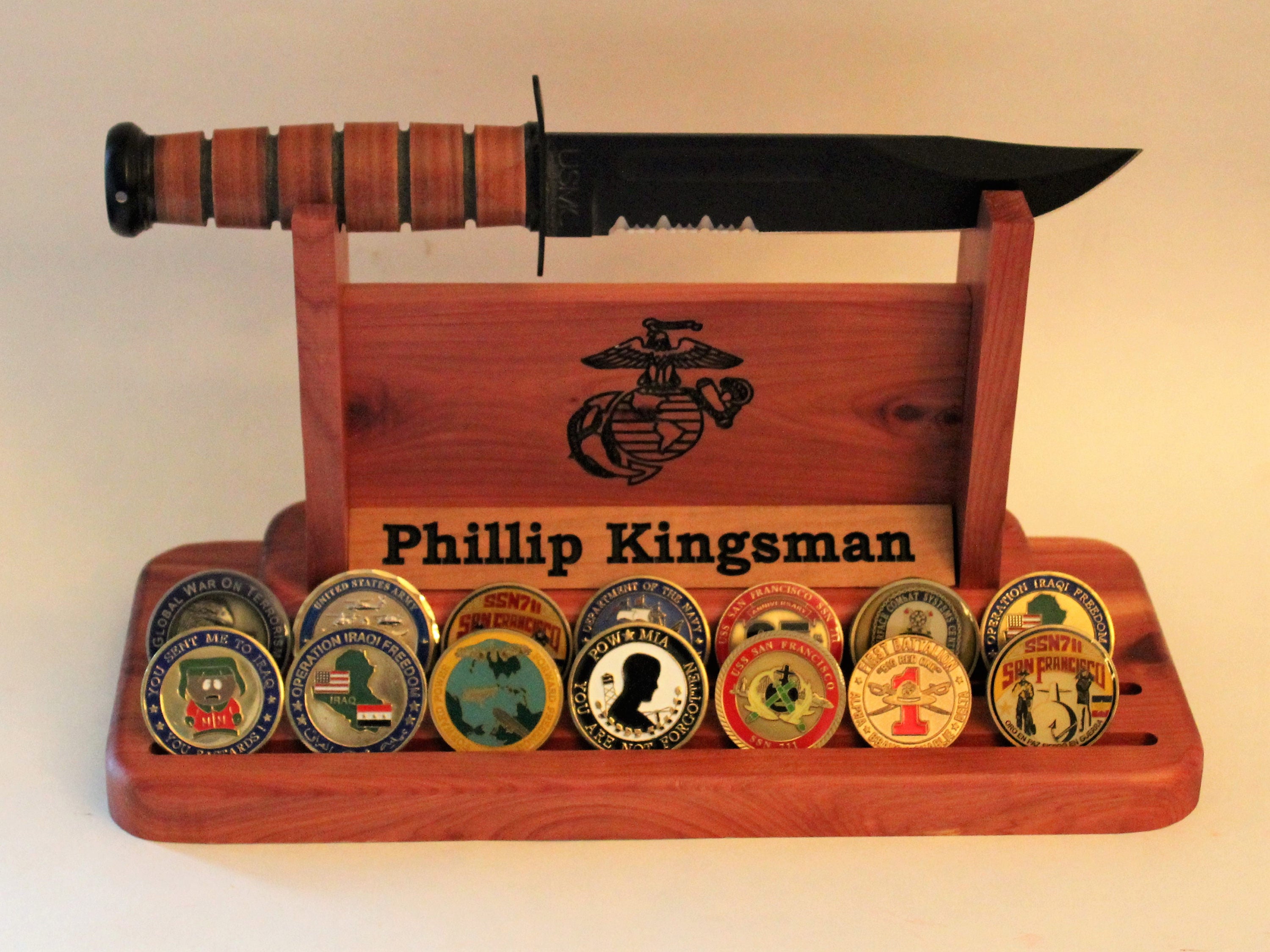 Personalized Marine Corps Ka Bar Knife Stand With Challenge
