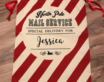 Red striped canvas personalized santa sack/Christmas gift wrap/family Christmas gift/holiday decor/custom gift