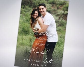 Engagement Photo Save The Dates with Matching Pearlescent Envelopes; wedding announcements, custom save the date cards
