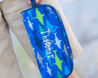 Shark Pencil case, blue shark pencil pouch, boys pencil bag, embroidered pencil case, shark pencil bag, back to school, personalized pencil