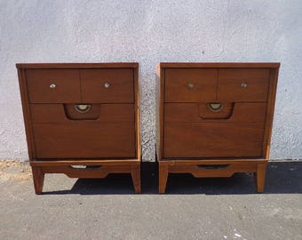 2 Nightstands Mid Century Modern Pair of Bedside Set of Tables Accent End Storage Wood Danish Vintage Wood Eames Retro CUSTOM PAINT AVAIL