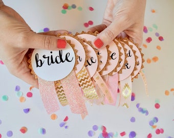 Rose Gold Glitter Bachelorette Party Pins, Bachelorette Party Decorations