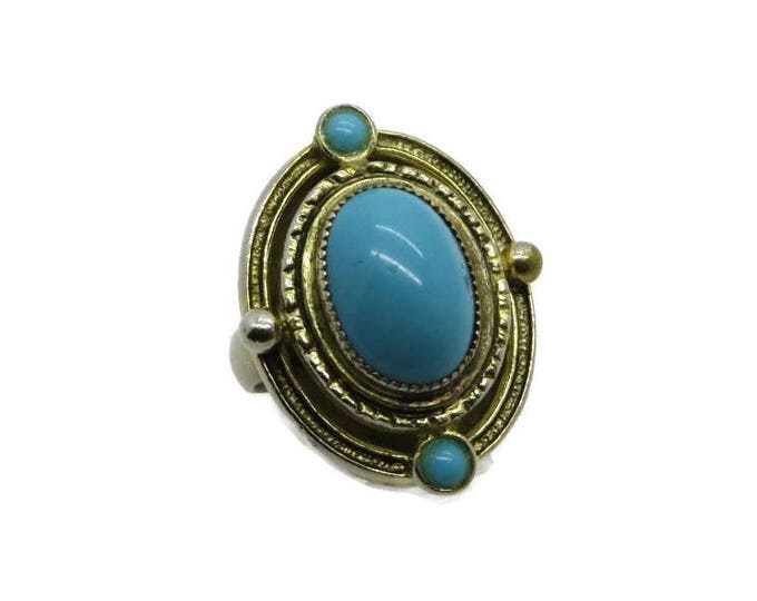 Faux Turquoise Boho Ring, Vintage Goldtone Costume Jewelry Fun Gift Ring, Adjustable Ring