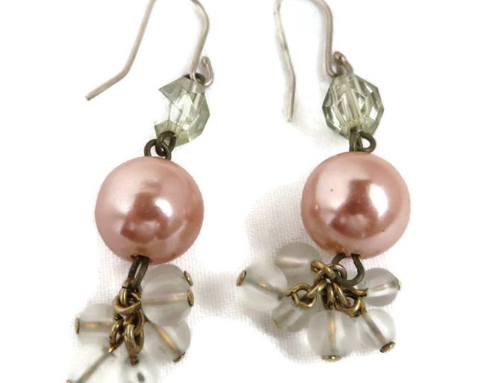 Pink Pearl Earrings, Danging Faux Pearl Earrings, Clear Bead Dangles, Vintage Pierced Earrings