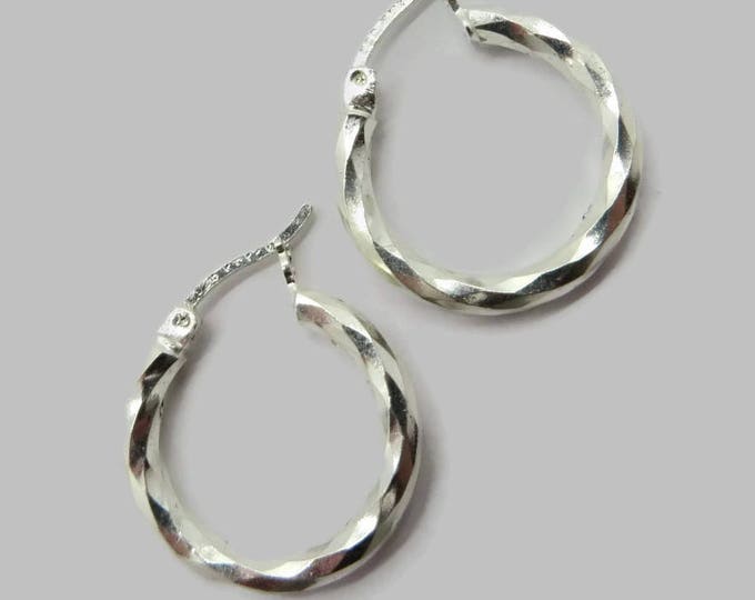 Textured Silver Hoop Earrings, Vintage 925 Sterling Silver Hammered Hoop Pierced Earrings