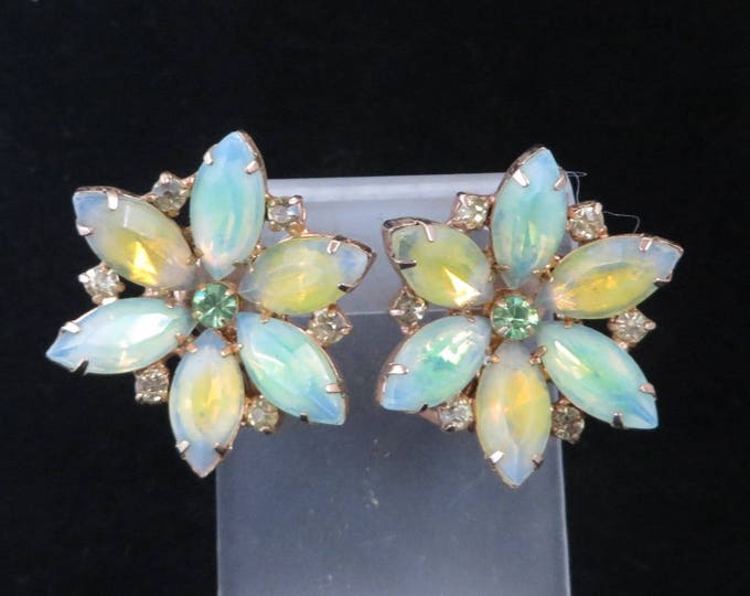 Kramer Pastel Rhinestone Earrings, Vintage Green & Yellow Earrings, Rhinestone Flower Clip-ons, Signed Kramer Jewelry