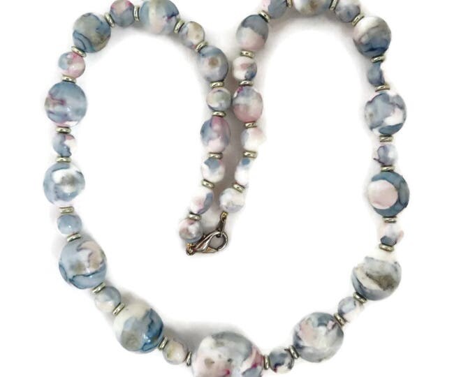Vintage Blue Beaded Necklace - Blue and Pink Abstract Design Graduated Bead Necklace, Gift for Her