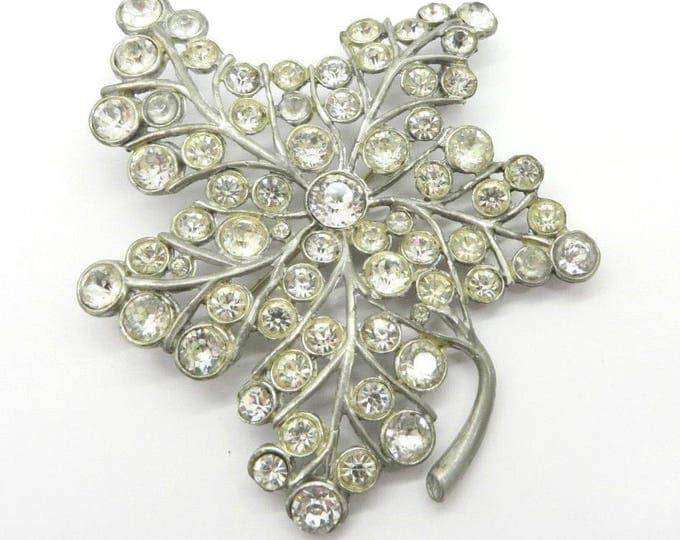 Rhinestone Leaf Brooch, Vintage Silver Tone Rhinestone Large Leaf Pin, 1950s Jewelry Gift for Her