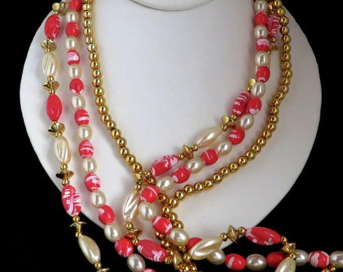 Vintage Boho Bead Necklace, Multistrand Pink, White, Gold Tone Beaded Necklace