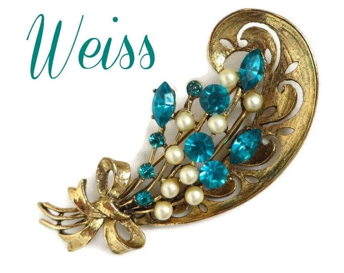 Vintage Brooch, Rhinestone Pin, Blue Rhinestone Faux Pearl Brooch, Vintage Weiss Gold Tone Flower Pin, Gift for Her Vintage Brooch, Rhinestone Pin, Blue Rhinestone Faux Pearl Brooch, Vintage Weiss Gold Tone Flower Pin, Gift for Her