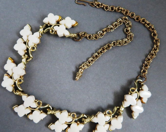 Vintage White Necklace - Thermoset Gold Tone Choker Necklace, Leafy Necklace, Gift for Her