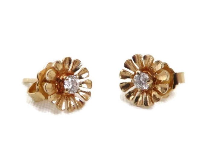 14K Gold .10 Ct Diamond Earrings - Vintage Flower Blossom Pierced Stud Earrings, Gift For Her, Gift Boxed