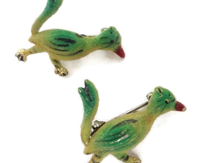 Roadrunner Brooches - Vintage 1950s Korea Green and Yellow Roadrunner Brooch Pair, Gift for Her