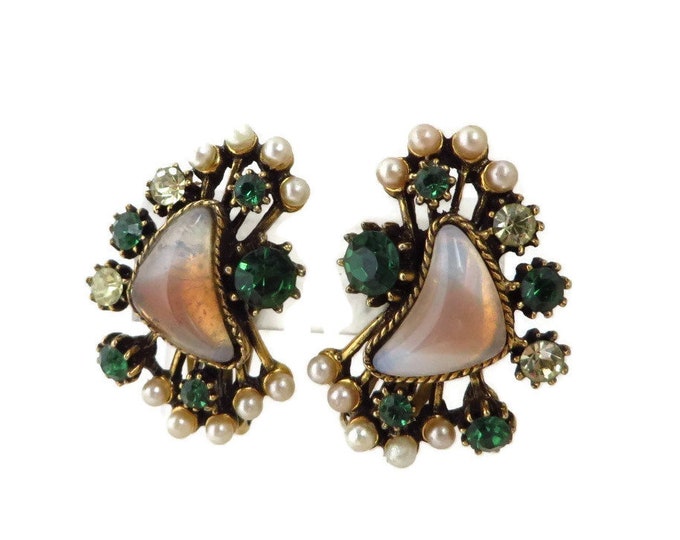 Vintage Florenza Earrings, Green & White Rhinestones, Faux Pearls, Opal Lucite Cabochons, 1960s Designer Clip-ons