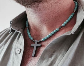 Mens cross necklace. Mens crucifix. Mens beaded cross necklace. Hematite cross necklace. Surfer necklace. Turquoise necklace men.