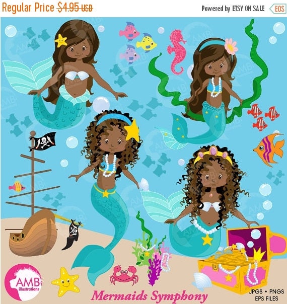 Mermaid clipart, African American Mermaids Clipart, dark skin mermaids ...