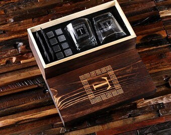 Whiskey Glasses Slate Coasters Sipping Stones in Wood Box Groomsmen Gift, Father's Day Scotch Men's Personalized Gift Set