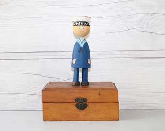 Vintage Hand Painted Swedish Sailor Wood Doll - Sverige, Vintage Wooden Swedish Folk Art Doll