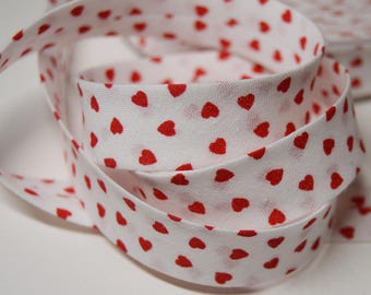Sewing bias folded 2cm pattern red heart cotton white (m) ref: BIAI02