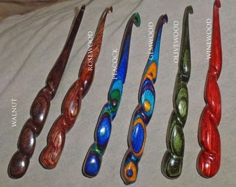 Crochet hook Wand, 5 1/2" , hand spiral shaped of ResinWood dymaLux, walnut-colored, spiral handle shaft. choose size C to P