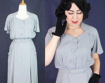 60% OFF Vintage 1930's 1940's rayon dress / Darla / Authentic vintage reproduction / Grey rayon crepe 30s 40s dress / XS S M L Xl / Made to