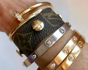 Authentic upcycled LV cuff bracelet with synthetic variegated