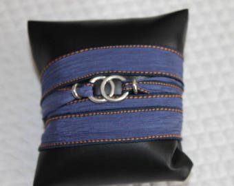 Bracelet blue silk ribbon 2 rings