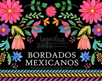 Mexican Watercolor Floral clipart, Otomi, PNG, mexican party, flowers, folk clip art, hand painted, cinco de mayo, colorful