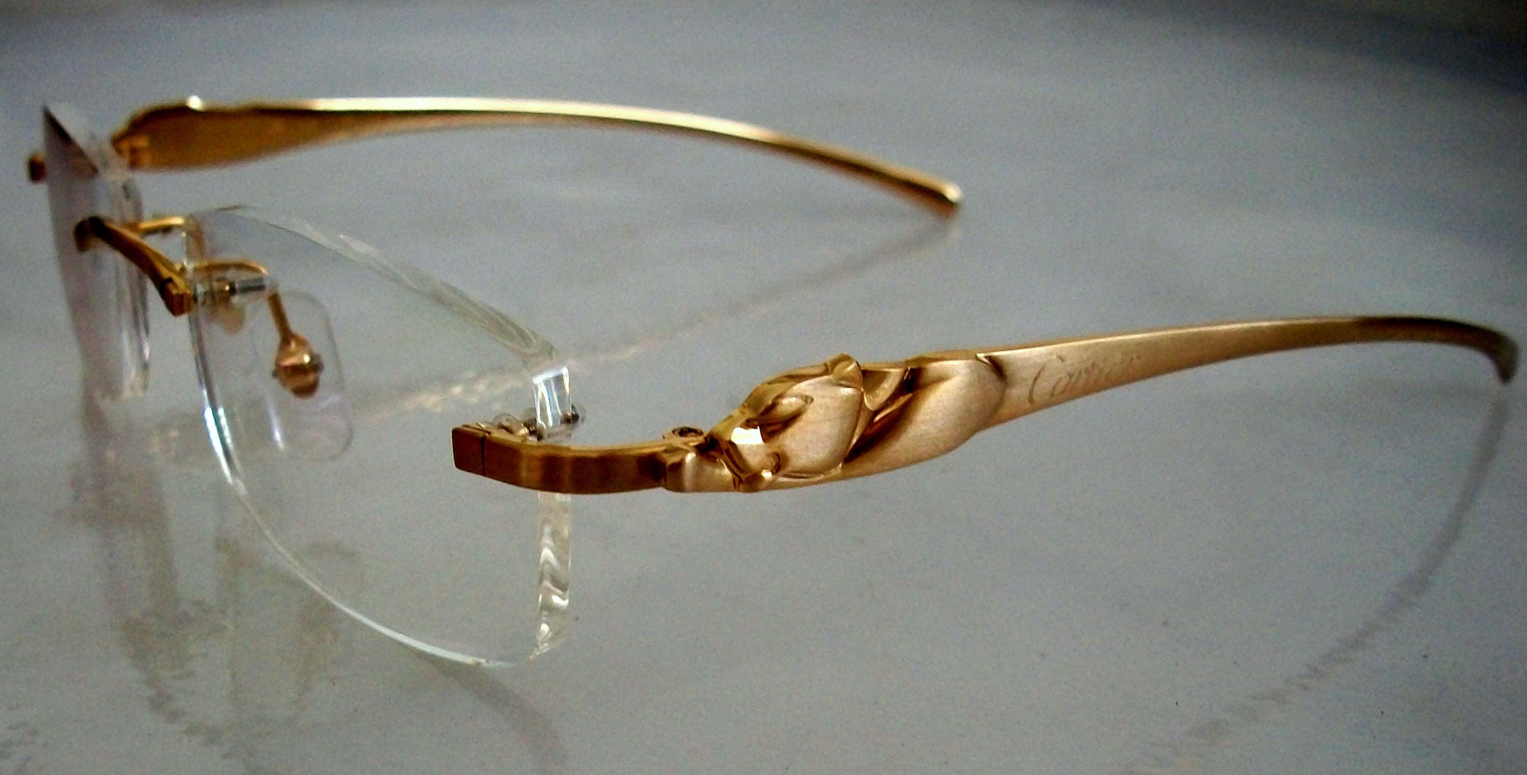 Vintage Panther Eyeglass Frame 18k Gold Plated Rimless Glasses 