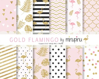 Flamingo Digital Paper, Gold Flamingo , Pink and Gold Flamingo Background, Tropical Digital Paper, Gold Flamingo Clip art