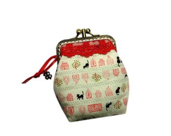 Retro purse, coin purse cats, worn, worn coin currency kawai, vintage, black cats, red lace, white, chic