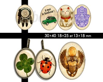 Porte bonheur • 45 Images Digitales OVALES 30x40 18x25 13x18 mm lucky chance trefle coccinelle 2CV hamsa dreamcatcher scarabé fer