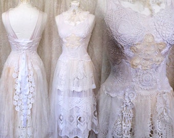Wedding dress RawRags,boho wedding dress white crochet,bridal gown airy tulle,antique laces,victorian wedding dress tattered,fairy wedding