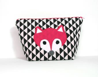 Toiletry bag, fuchsia on black geometric Fox head